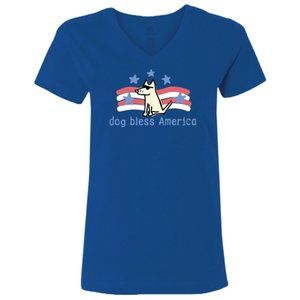 Dog Bless America Ladies SMALL V-neck Short Sleeve Cobalt Blue T-shirt NWT